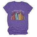 Detail of purple cotton T-shirt featuring colorful books and floral graphic print - Purple (White Text)
