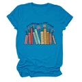 Close-up of vibrant blue cotton T-shirt featuring a colorful book and floral graphic print - Lake Blue (Black Text)