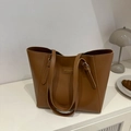 Brown minimalist large capacity tote bag in matte synthetic leather for daily commute - Tan