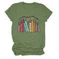 Detail of dark green t-shirt with crew neck and colorful book flower printed graphic - Olive Green (Black Text)