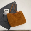 Caramel brown large tote bag in soft suede with a front pocket for women's daily use - Brown
