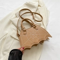 Brown PU leather bat-shaped handbag featuring creative white spider web embroidery - Khaki