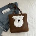 Bruine tote tas met schattige pluizige hond patch, grote schoudertas voor dames dagelijks. - Bruin