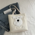Casual witte canvas shopper tas voor vrouwen met schattige pluizige hond patch grote tas. - Wit