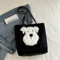 Zwarte casual stoffen tote bag met schattige pluizige witte hondenpatch voor dames. - Zwart