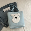 Lichtblauwe canvas shopper handtas voor dames met schattige witte pluche hond patch. - Blauw