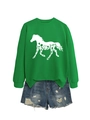 Détail du sweat-shirt vert à manches longues avec silhouette de cheval fleurie et short - S / Sweat-shirt Vert Herbe (Graphique Blanc)