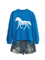 Detail of blue crewneck sweatshirt with horse floral print and distressed denim shorts - Lake Blue (White Pattern)