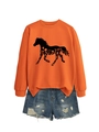 Detail of bright orange sweatshirt with black horse silhouette and floral print - Orange (Black Graphic)