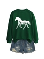 Detail of green sweatshirt with white horse graphic and distressed denim shorts - Dark Green