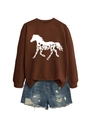 Flat lay of brown sweatshirt with white horse floral graphic and distressed denim shorts - Coffee
