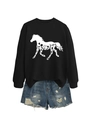 Detail of black crewneck sweatshirt with horse floral print and distressed denim shorts - Black