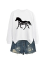 White crewneck sweatshirt with horse floral print paired with blue denim shorts - White