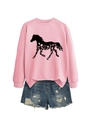 Detail of pink crewneck sweatshirt with horse floral print and distressed denim shorts - Pink