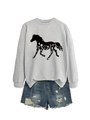 Detail of light gray sweatshirt featuring a black horse silhouette with floral patterns - Grey Sweatshirt (Black Text)