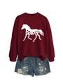 Detail of burgundy crewneck sweatshirt featuring a white horse silhouette with floral patterns - Wine Red Sweatshirt (White Text)