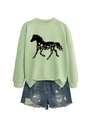 Detail of green long-sleeved sweatshirt featuring a horse silhouette with floral patterns - Olive Green Sweatshirt (Black Text)