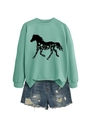 Detail of mint green sweatshirt with horse floral print and ripped denim shorts combo - Light Green Sweatshirt (Black Text)