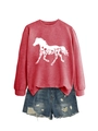 Flat lay of women's red sweatshirt with horse pattern and blue distressed denim shorts - Red (White Print)