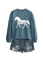 Detail showing blue crewneck sweatshirt with horse floral print and distressed denim shorts - Blue (White Print)
