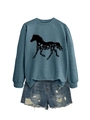 Detail of blue long-sleeve sweatshirt featuring horse silhouette and floral print - Blue (Black Print)