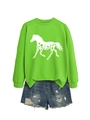Close-up of vibrant lime green sweatshirt featuring a white floral horse graphic print - Neon Green (White Print)