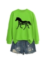 Detail of green long sleeve sweatshirt with horse floral print and denim shorts - Neon Green (Black Print)