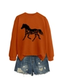 Detail of caramel orange sweatshirt featuring a black horse print with floral texture design - Burnt Orange (Black Print)