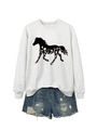 Detail of light gray sweatshirt with horse floral print and distressed denim shorts - Off-White Sweatshirt (Black Print)