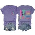 Flat lay of purple cotton blend T-shirt and distressed denim shorts with quote print - Purple (Black Print)