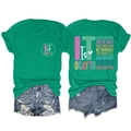 Close-up of distressed motivational lettering on green cotton t-shirt and denim shorts - Dark Green (White Print)
