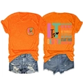 Detail of vibrant orange crew neck tee with inspirational text and ripped denim shorts - Orange (Black Print)