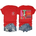 Flat lay of red crew neck t-shirt with positive slogans and distressed denim shorts - Red (White Print)