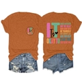 Detail view of the colorful inspirational slogan prints on front and back of the cotton t-shirt - Burnt Orange (Black Print)