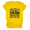 Detail of a yellow crewneck cotton t-shirt with black humor slogan text on white background - S / Yellow