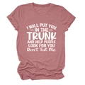 Detail of dusty rose T-shirt featuring 'I will put you in the trunk' slogan print - S / Rose Gold