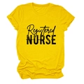 Detail of Registered Nurse bold graphic print on a bright yellow crewneck t-shirt - Yellow (Black Text)