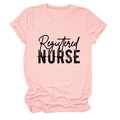 Close-up of the Registered Nurse print on a pink round neck short sleeve cotton T-shirt - Pink (Black Text)