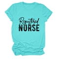 Close-up of sky blue cotton T-shirt with Registered Nurse graphic print and crew neck - Deep Water Blue (Black Text)