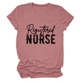 Close-up of black Registered NURSE typography on a dusty rose cotton short sleeve T-shirt - Rose Gold (Black Text)
