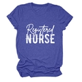 Detail of Registered Nurse print on royal blue crewneck t-shirt with heather texture - Retro Blue (White Text)
