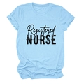 Close-up of Registered Nurse print on light blue cotton round neck short sleeve T-shirt - Light Blue (Black Text)
