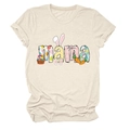 Dettaglio della grafica MAMA pasquale con uova e coniglietti su t-shirt in cotone crema - S / Sabbia