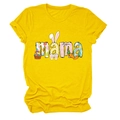 Detail of yellow cotton T-shirt featuring mama lettering with Easter bunny and egg patterns - Yellow