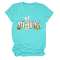 Detail of light blue Easter Mama T-shirt showing rabbit and egg print on cotton fabric - Deep Water Blue