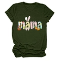 Detail of dark green t-shirt fabric featuring mama letter print with easter rabbit ears - Army Green