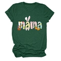 Detail of mama text with Easter bunny and egg patterns on a dark green cotton t-shirt - Vintage Green