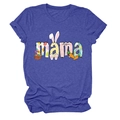 Detail of mama text with Easter eggs and bunny ears on blue cotton short sleeve t-shirt - Vintage Blue