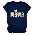 Detail of navy cotton T-shirt featuring mama lettering and Easter rabbit pattern - Navy Blue