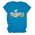 Detail of teal crew neck t-shirt featuring festive MAMA Easter bunny and egg print - Lake Blue